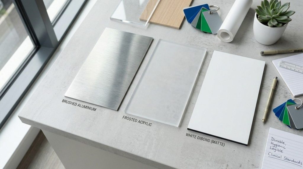 Professional Dental Practice Signage: How to Improve Patient Experience 1 (A flat lay of different signage material samples including brushed aluminium, frosted acrylic and white Dibond panels arranged on a clean surface showing texture and finish variations) dental practice signage