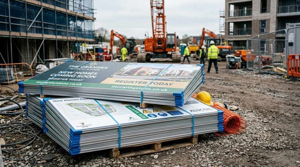 Hoarding Sign Guide: Design Ideas for Construction Sites in Manchester 1 Stack of aluminium composite hoarding boards with printed vinyl graphics ready for installation on a UK construction site