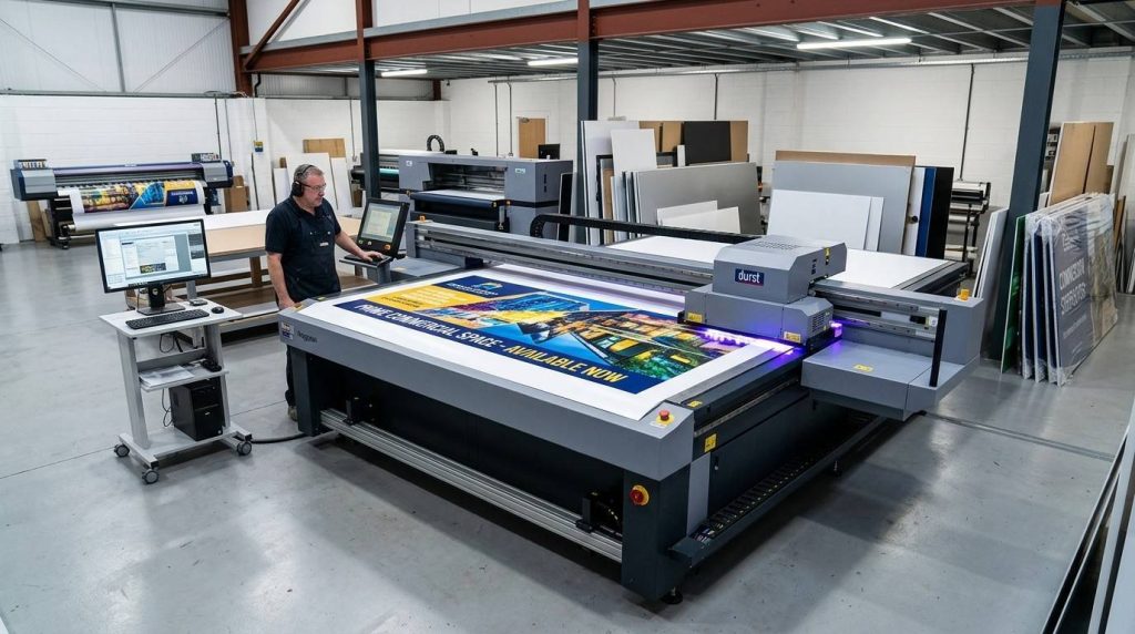 Hoarding Sign Guide: Design Ideas for Construction Sites in Manchester 2 UV flatbed digital printer producing high resolution full colour graphics on rigid hoarding boards in a professional print production facility