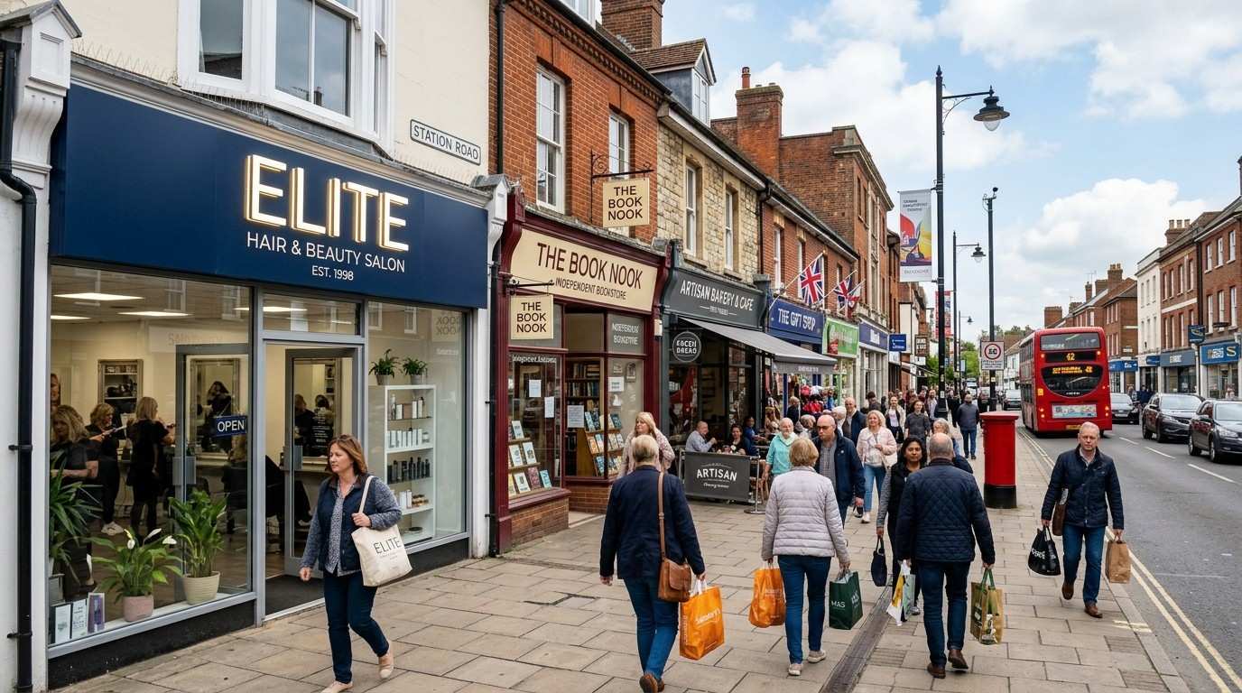 A busy UK high street during daytime with pedestrians walking past a row of independent shops including a salon with a clean illuminated fascia sign above the entrance