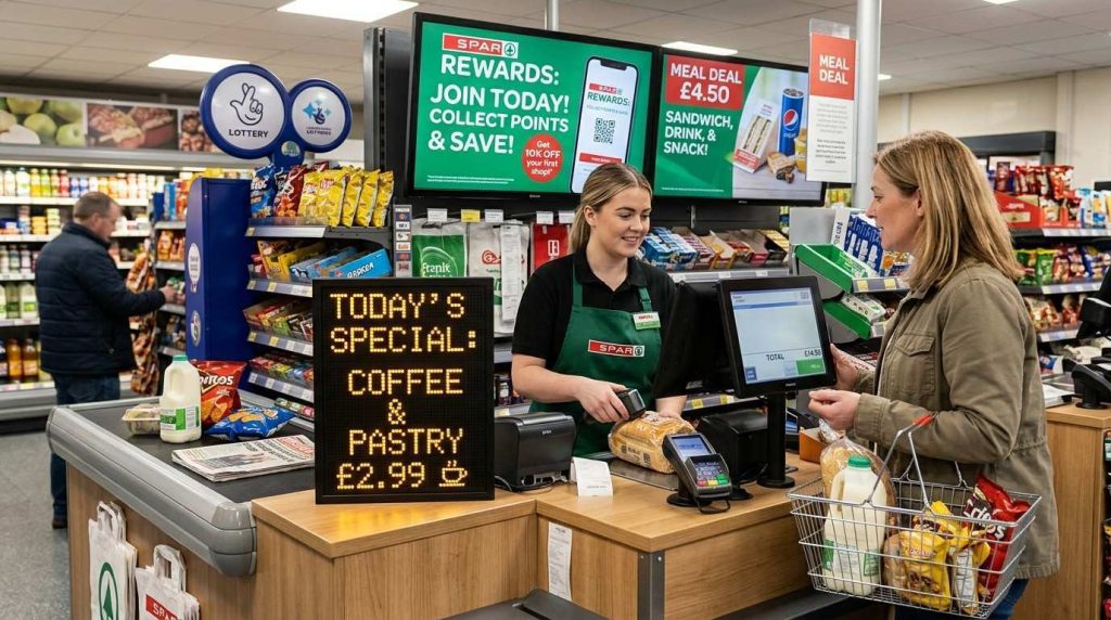 Types of Store Signs: What Every Convenience Store Needs Inside and Out 2 A convenience store checkout area showing types of digital store signs including a digital display screen promotion and an interchangeable LED letter board on the counter.