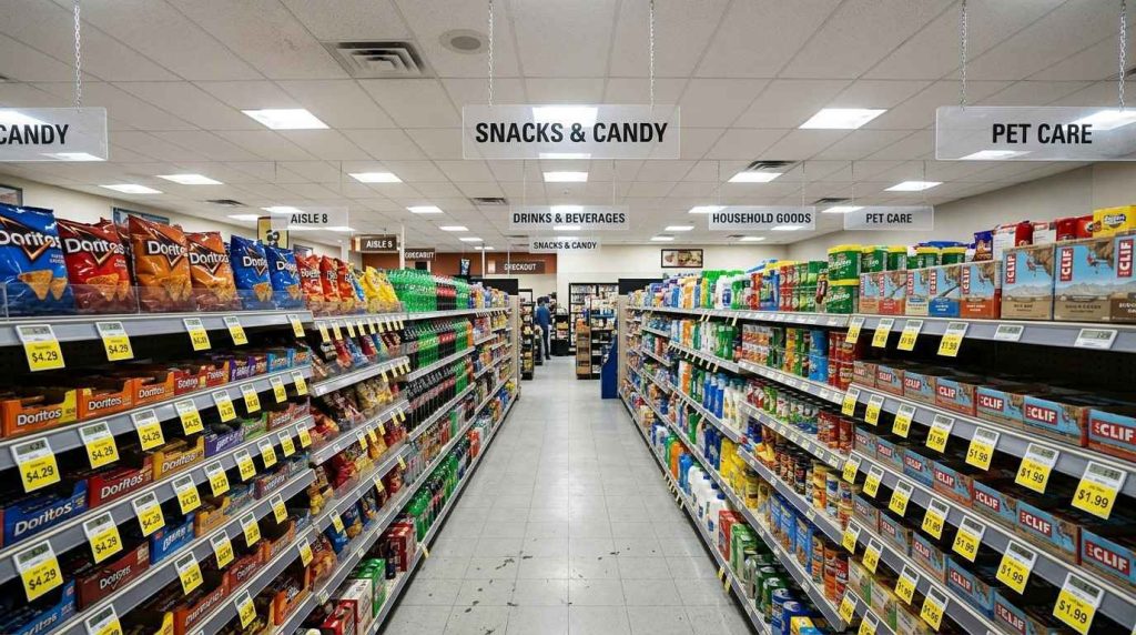 Types of Store Signs: What Every Convenience Store Needs Inside and Out 1 A wide-angle shot of a convenience store aisle showing types of indoor store signs including hanging category signs and shelf-edge price labels.