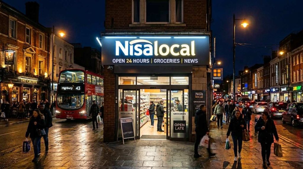 Types of Store Signs: What Every Convenience Store Needs Inside and Out 7 A well-lit convenience store front at night with an illuminated fascia sign displaying the store name, located on a busy UK high street