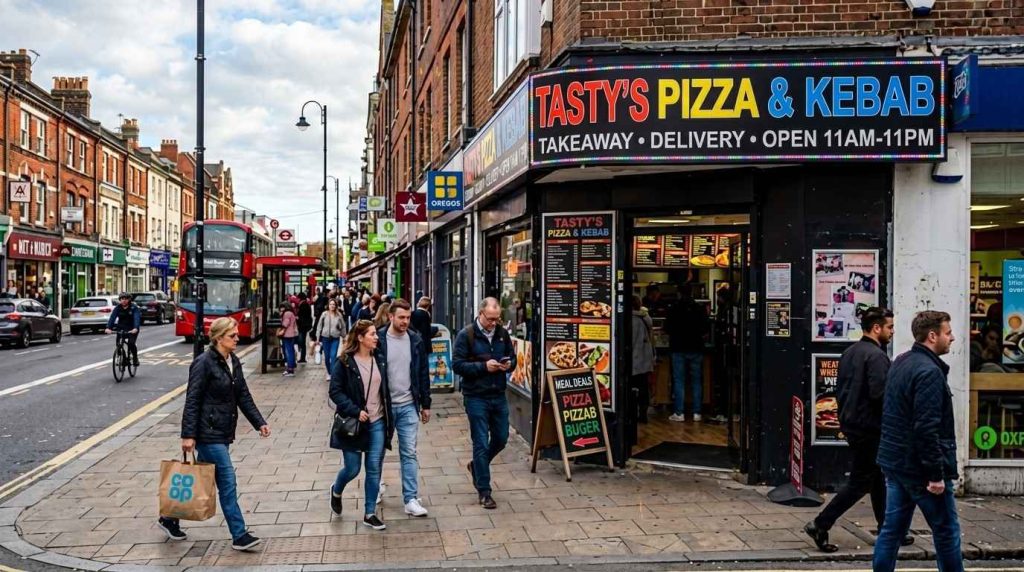 Must-Know Tips to Design Takeaway Signs & Menus for Your Food Outlet 1 Illuminated takeaway signs above a shopfront on a busy UK high street with pedestrians walking past during the day