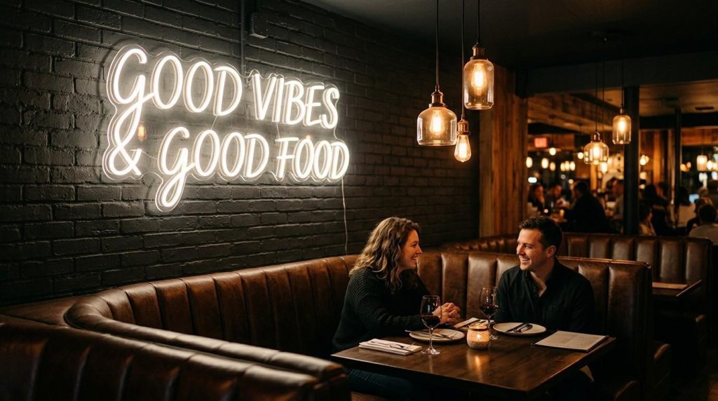 Best Restaurant Neon Sign Ideas That Customers Love In 2026 1 A soft white LED neon sign mounted on a dark textured wall behind a restaurant booth with leather seating and warm overhead pendant lights