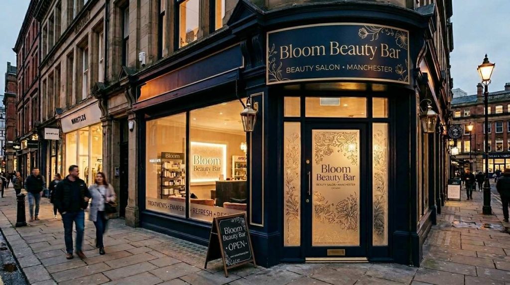 Luxury Beauty Salon Signs: What's Trending in 2026 9 A luxury beauty salon sign shopfront in Manchester with illuminated signage above the entrance and frosted window graphics on the glass door