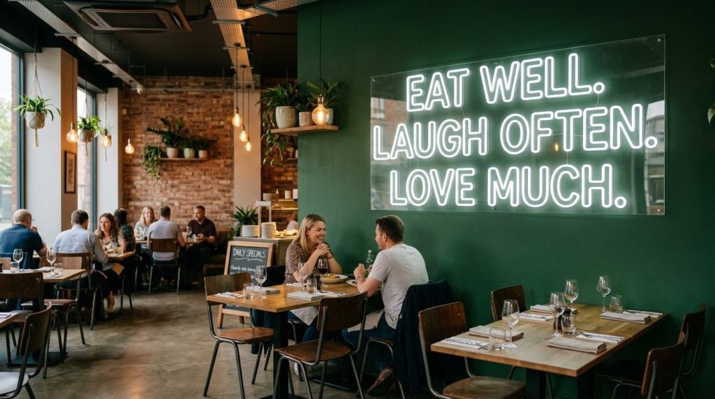 Best Restaurant Neon Sign Ideas That Customers Love In 2026 2 A bright white neon sign featuring a bold typographic quote mounted on a dark painted feature wall inside a modern UK restaurant dining room