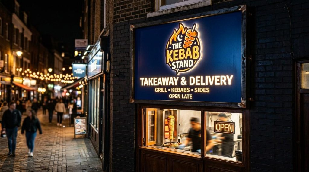 Must-Know Tips to Design Takeaway Signs & Menus for Your Food Outlet 1 Illuminated takeaway sign above a shopfront on a busy UK high street with pedestrians walking past during the day