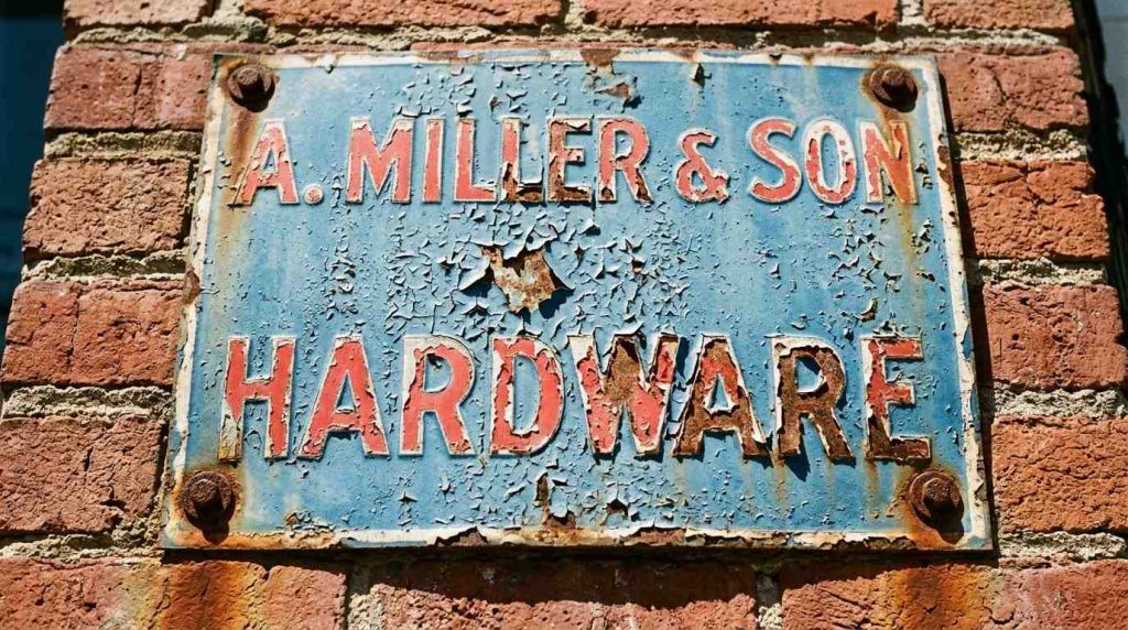Outdoor Shop Sign Maintenance: Expert Tips for UK Weather 2 Exterior business low sign maintenance with visible colour fading and weathering caused by prolonged UV exposure and outdoor conditions.