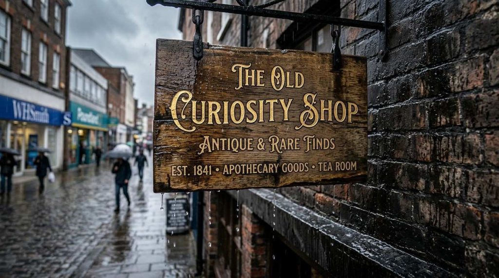 Outdoor Shop Sign Maintenance: Expert Tips for UK Weather 1 Outdoor shop sign mounted on a UK high street building during rainy weather, showing exposure to wind, moisture and changing weather conditions.