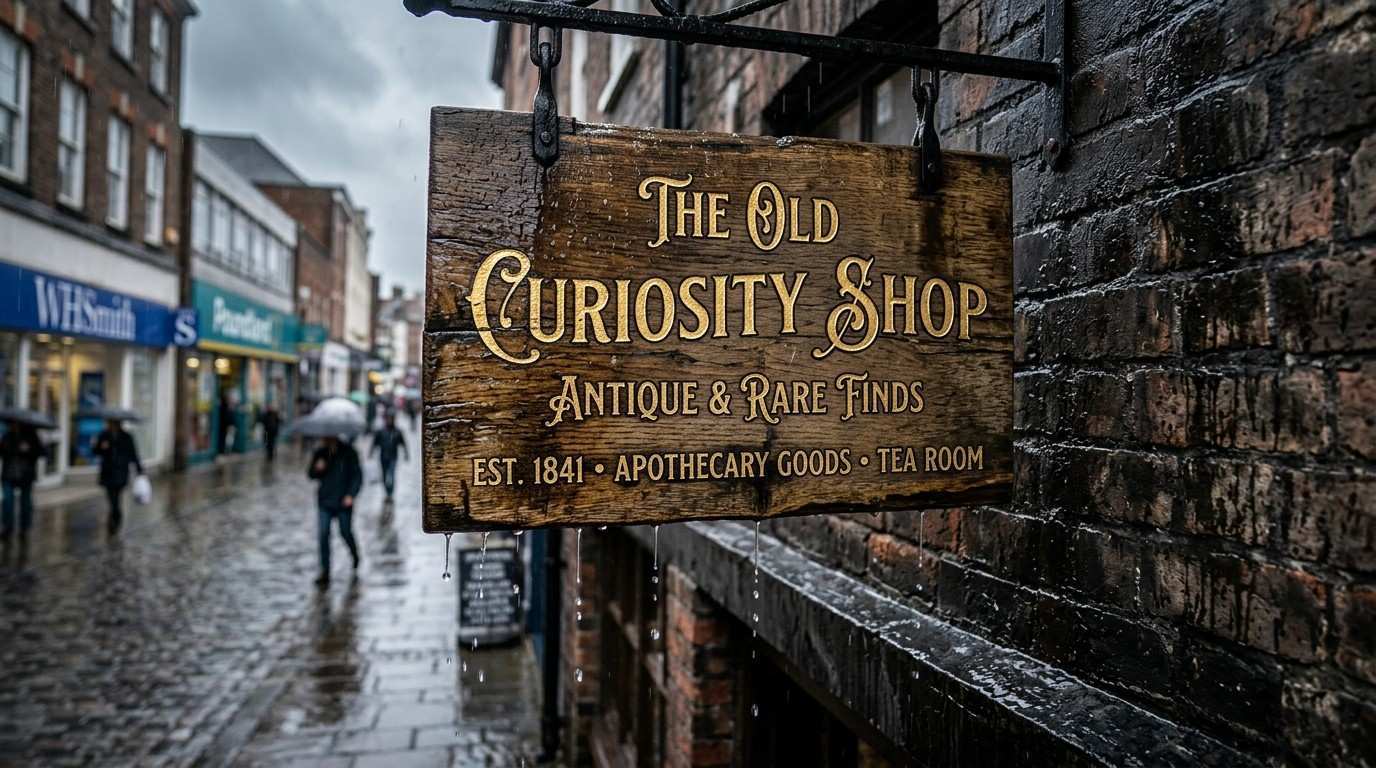 Outdoor shop sign mounted on a UK high street building during rainy weather, showing exposure to wind, moisture and changing weather conditions.