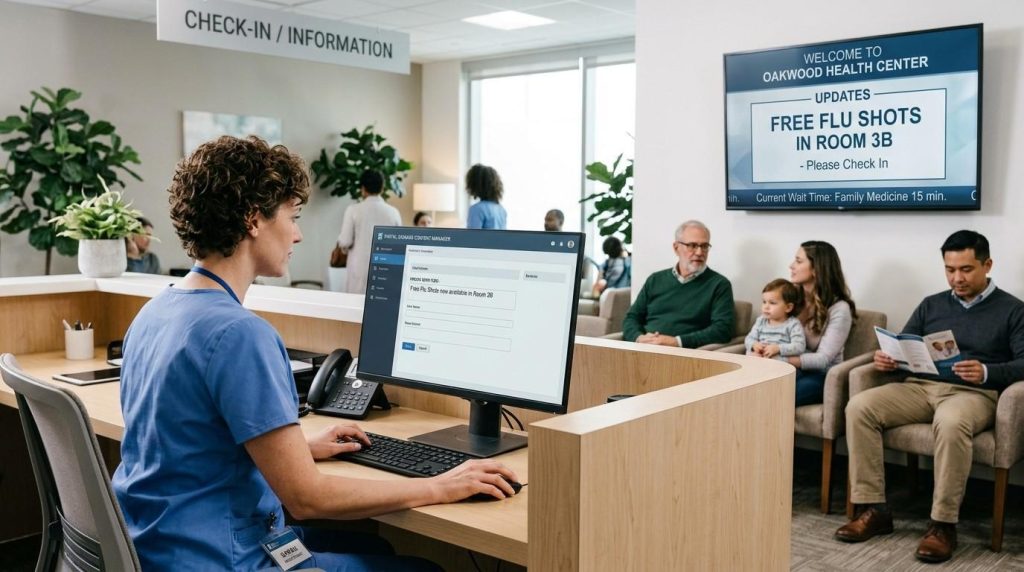 How NHS Digital Signage Solutions Improve Patient Communication 1 A healthcare receptionist updating information on a digital signage management system while patients view the updated content on a nearby display