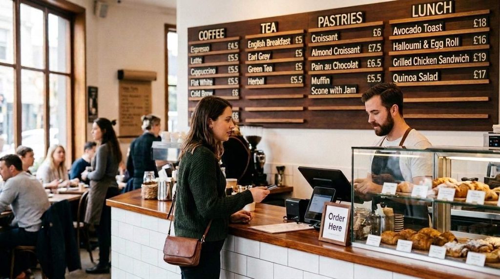 Customer ordering at a café counter with a wall-mounted menu board displaying prices and dishes clearly in the background