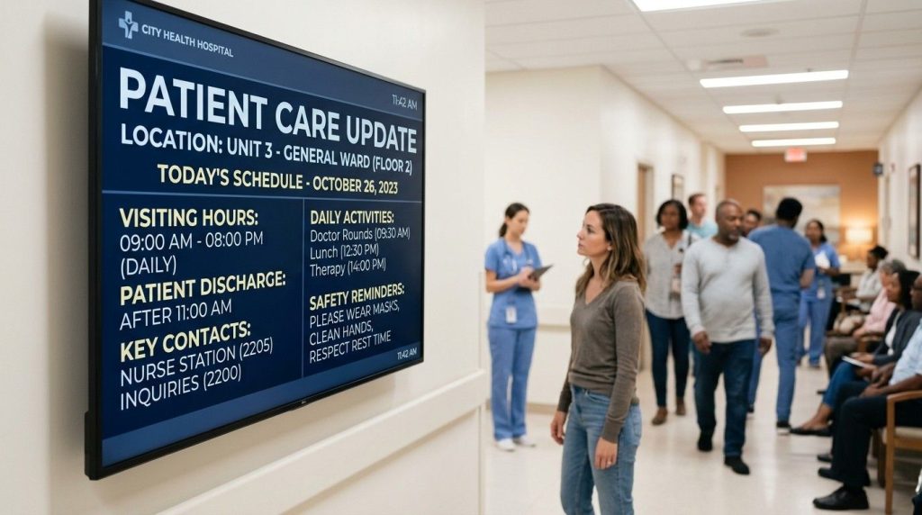 How NHS Digital Signage Solutions Improve Patient Communication 2 NHS digital signage solutions displayed in a bright NHS hospital waiting room, where patients look towards a digital information screen showing appointment updates and healthcare messages.