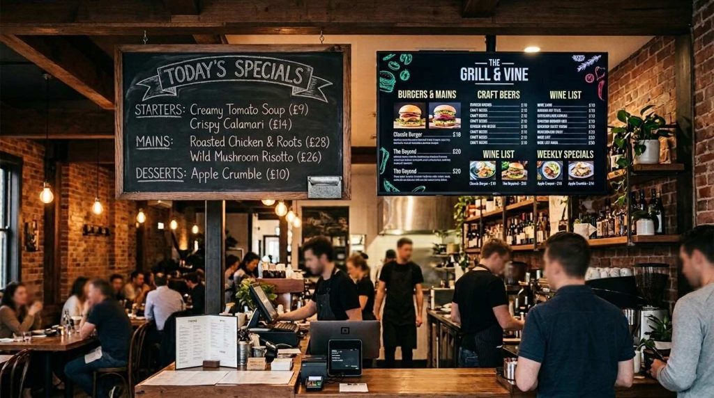 How to Design a Restaurant Menu Board for Branding and Impression 1 Digital menu board screen and a traditional chalkboard menu displayed in the same restaurant interior