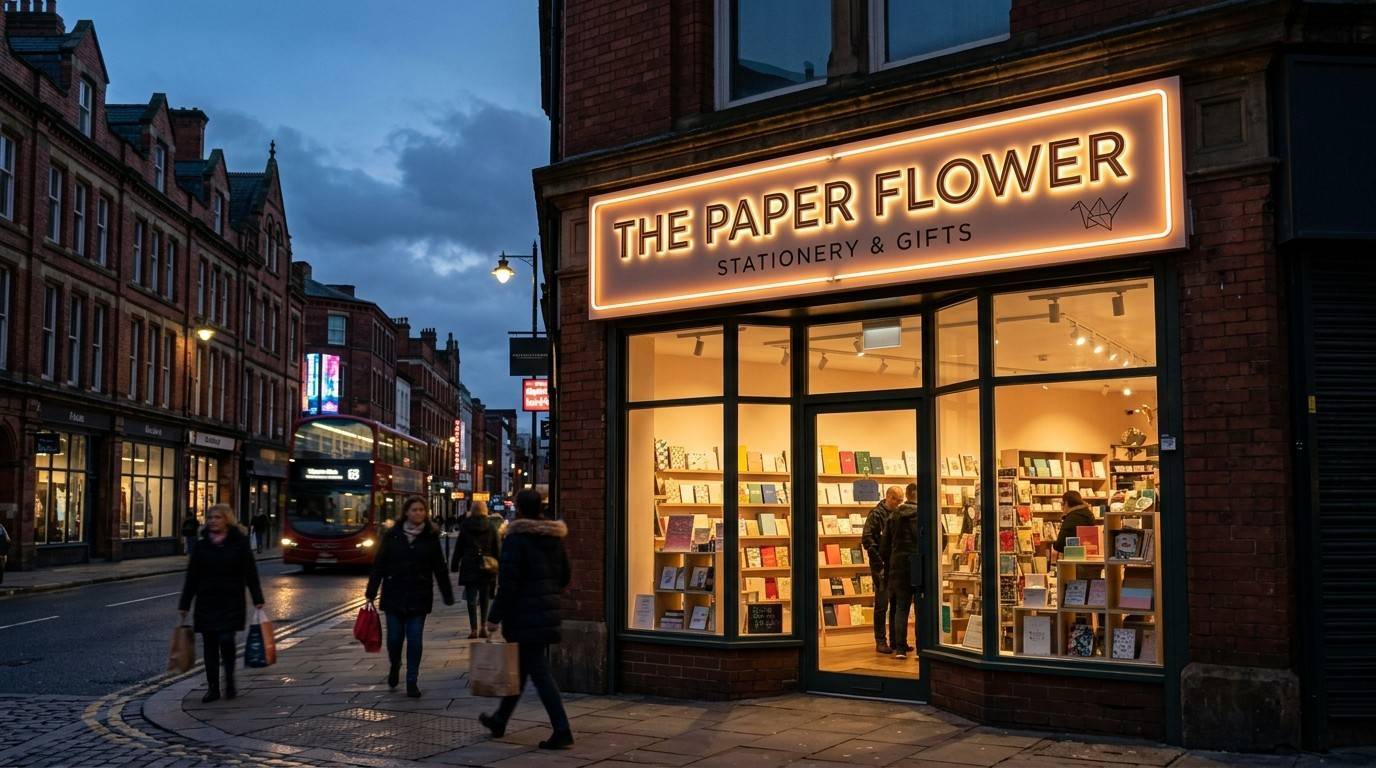 Illuminated shop signs glowing above a small retail storefront on a Manchester high street at dusk.