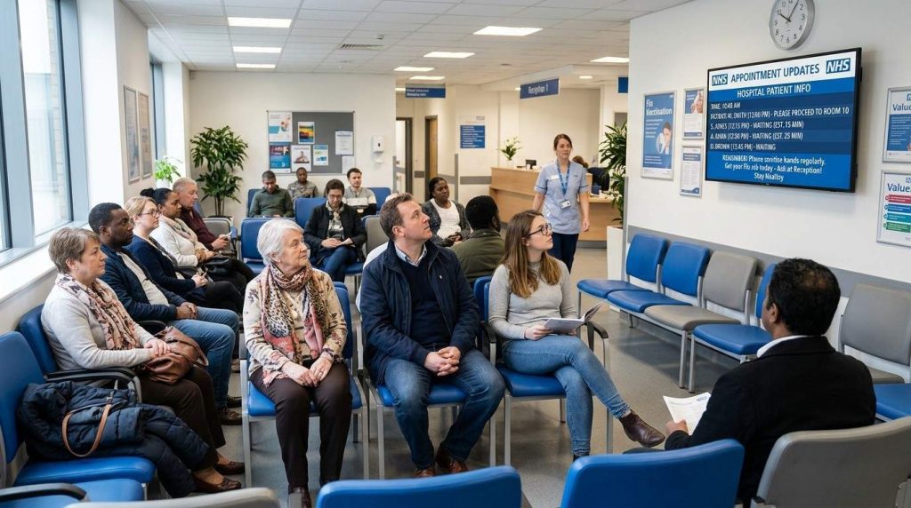 Patients seated in a bright NHS hospital waiting room looking towards a digital information screen displaying appointment updates and general healthcare messages.