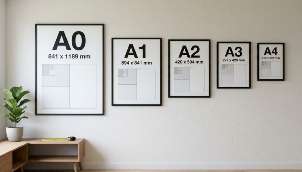 Poster Paper Size Guide: UK Standard Poster Sizes (A0, A1, A2, A3 & A4) 2 A0, A1, A2, A3 and A4 poster paper sizes displayed side by side on a wall for size comparison.