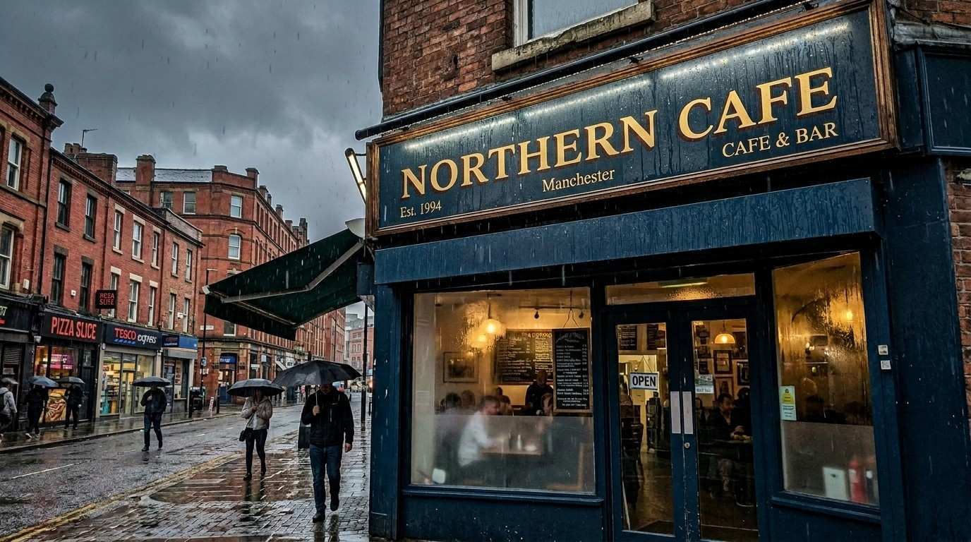 Rain falling on a shop front sign in Manchester city centre during overcast weather