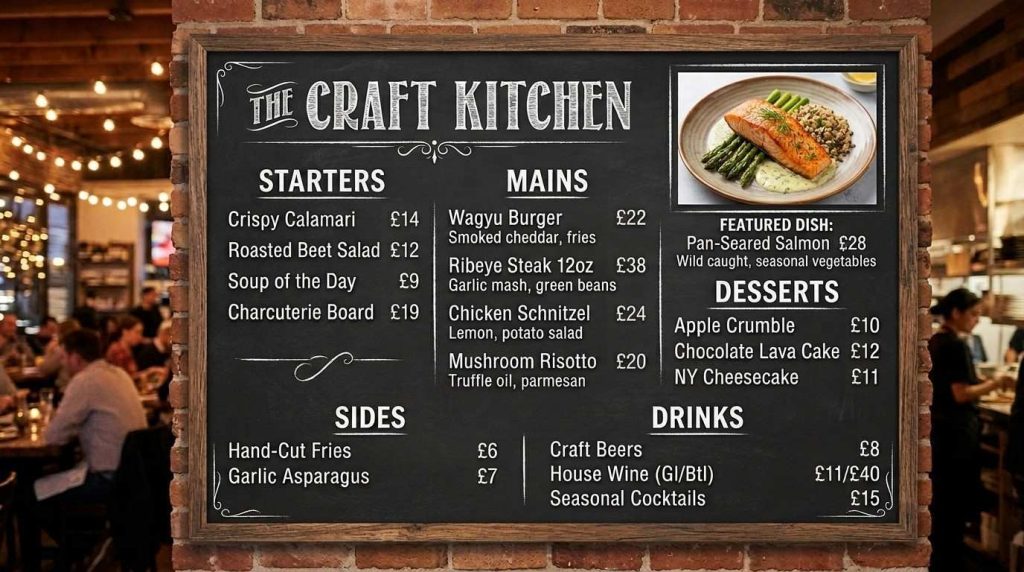 How to Design a Restaurant Menu Board for Branding and Impression 2 Restaurant menu board with ample whitespace between sections and a single featured dish photograph in the top right corner