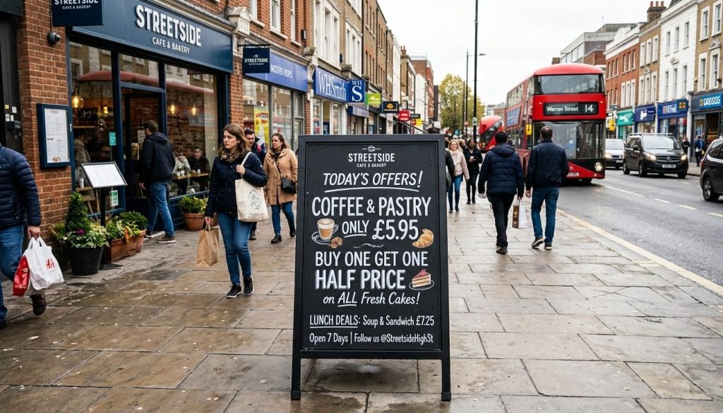 Sandwich Board Buying Guide | How to Choose the Right A-Board for Your Business 1 A black aluminium sandwich board positioned outside a busy UK retail shop on a high street, displaying a promotional offer to attract passing pedestrians.
