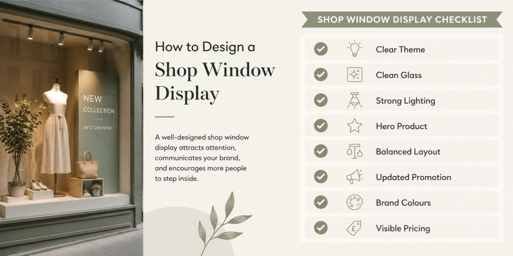 A shop window display checklist including clear theme, clean glass, strong lighting, hero product, balanced layout, updated promotion, brand colours, and visible pricing. 