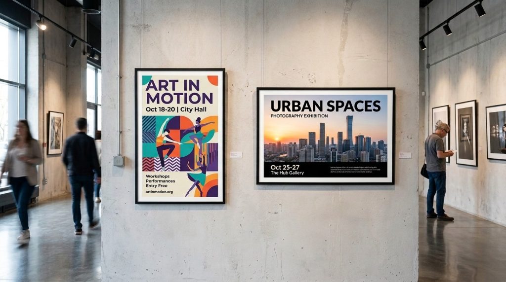Portrait and landscape poster layouts displayed on an interior wall to show different design orientations. 