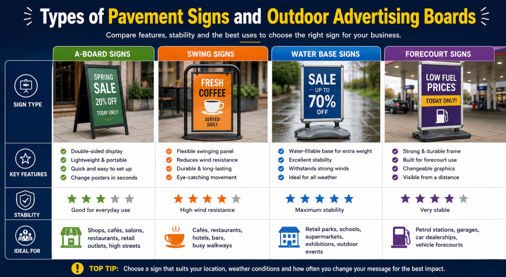Infographic comparing different types of outdoor advertising boards like A-board signs, swing signs, water base signs and forecourt signs by features, stability and ideal business use. 