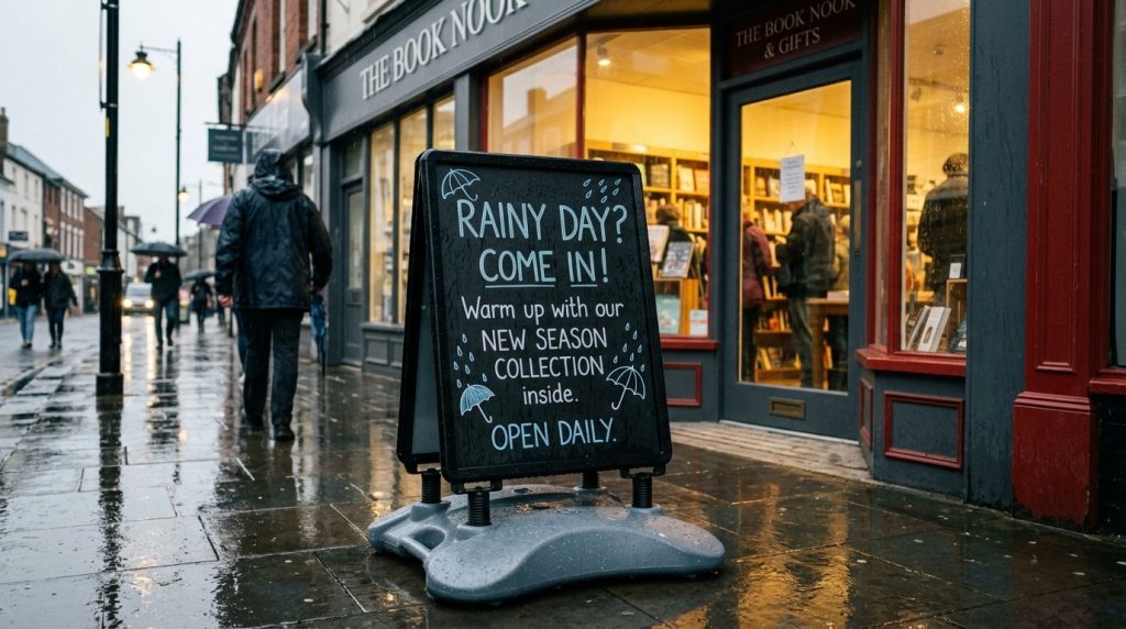 Weather-resistant water base pavement sign made up of durable material outside a retail store during wet UK weather, one of the type of outdoor advertising boards.