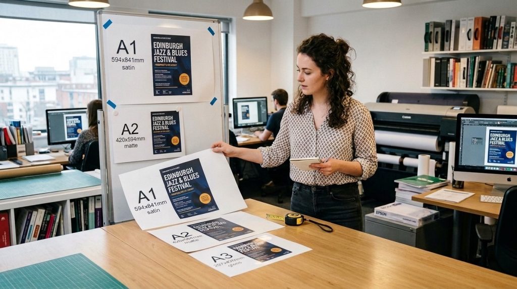 Designer comparing different poster paper sizes for an advertisement before professional printing in a UK print studio.  