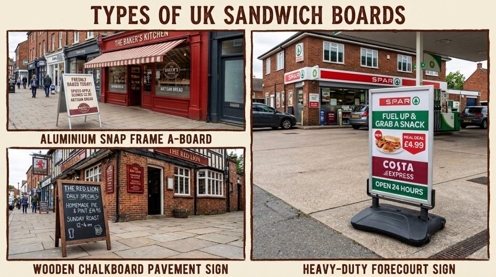 Different types of sandwich boards including an aluminium snap frame A-board, wooden chalkboard pavement sign and heavy-duty forecourt sign displayed outside various UK businesses. 