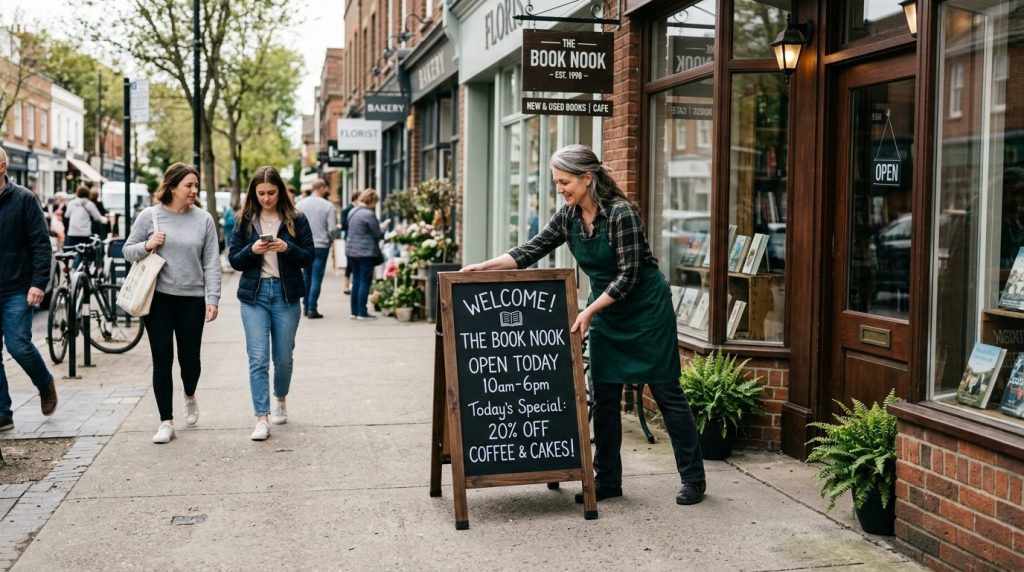 A shop owner positioning a weatherproof sandwich board outside a retail store entrance, ensuring it is visible to pedestrians without obstructing the pavement. 