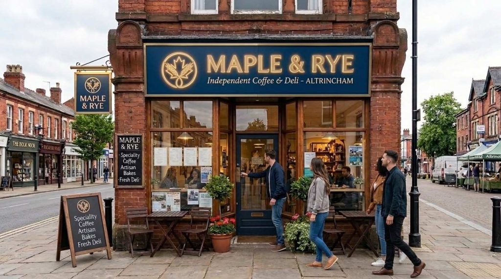 Case Study: Illuminated Shop Sign Installation for a Manchester Retailer 3 Msigns' new illuminated sign design for Maple & Rye, overlaid on a photo of the shop front wall showing logo placement and backboard colour.