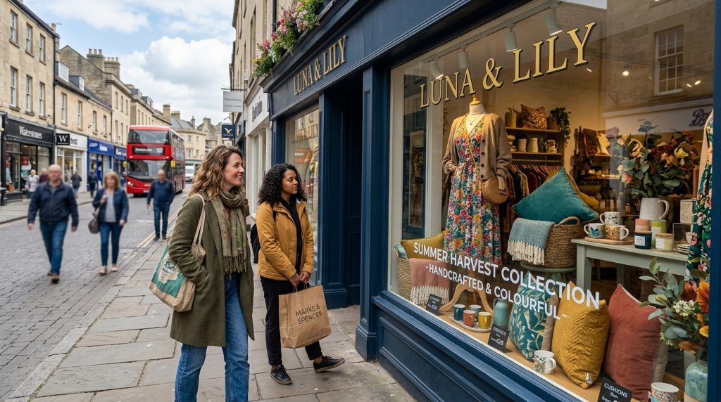 How to Design a Shop Window Display | Ideas & Tips for UK Retailers 5 Shoppers walking past a UK high street store and looking at an eye-catching retail window display with clear visual focus and product presentation.