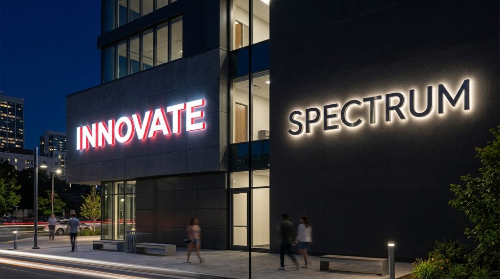 Halo Lit vs Face Lit Letters | Which Illuminated Sign Is Best for Your Business? 1 Modern commercial building at night divided visually into two halves, clearly contrasting the two lighting styles of halo lit vs face lit letters.