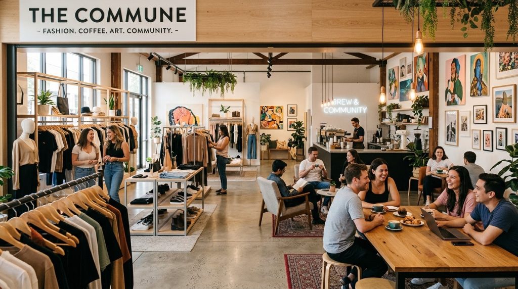 What Makes a Successful Concept Store? A Complete Guide for Modern Retailers 2 Customers relaxing inside a contemporary concept store with fashion displays, a coffee shop seating area and artwork creating a welcoming community atmosphere.