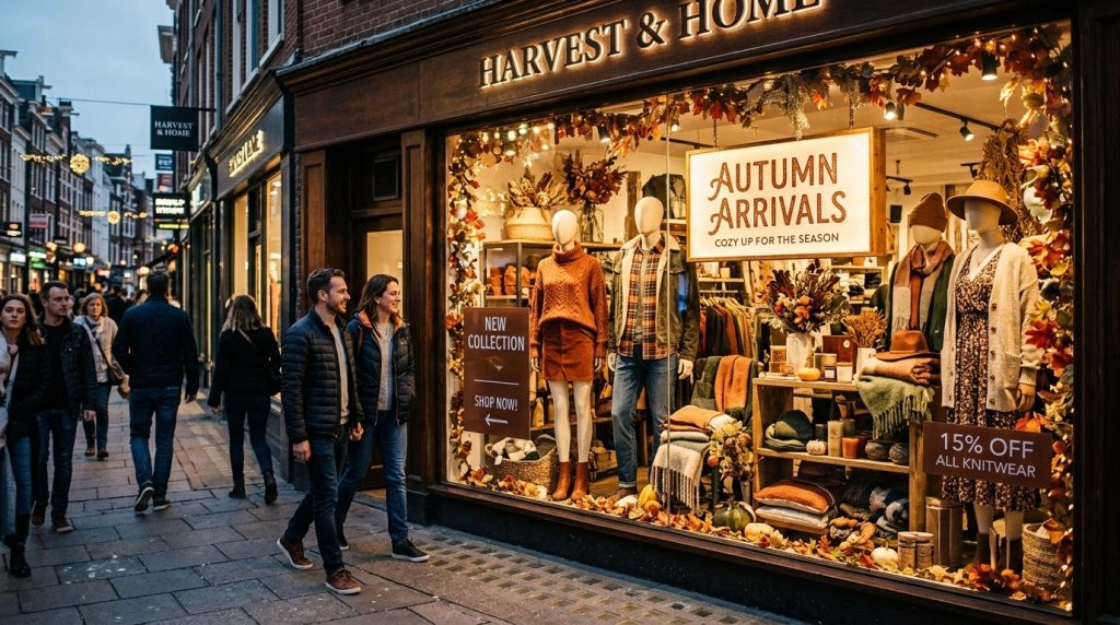 Top 10 Visual Merchandising Tips to Increase Retail Sales in 2026 1 Retail shop window featuring a seasonal product display with coordinated colours, promotional signage, mannequins and carefully arranged merchandise attracting pedestrians outside the store.