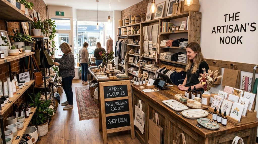 Top 10 Visual Merchandising Tips to Increase Retail Sales in 2026 2 Small boutique retail store with creative countertop displays, a promotional store stand, feature shelving and neatly arranged products making efficient use of limited floor space.