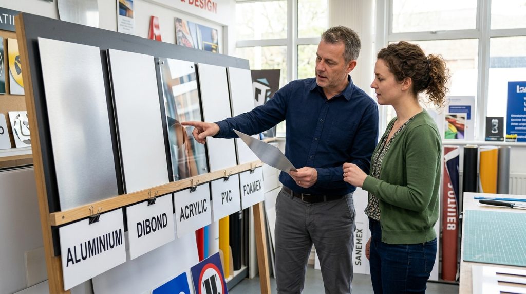How to Choose the Right Outdoor Signage Materials | UK Buyer's Guide 3 Two professionals selecting the signage materials from aluminium, Dibond, acrylic, PVC and Foamex sign panels displayed together.