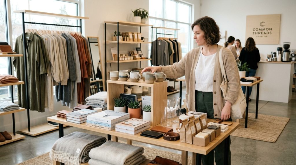 What Makes a Successful Concept Store? A Complete Guide for Modern Retailers 1 Customer browsing a concept store featuring carefully curated clothing, accessories, books and homeware arranged around a cohesive lifestyle theme.