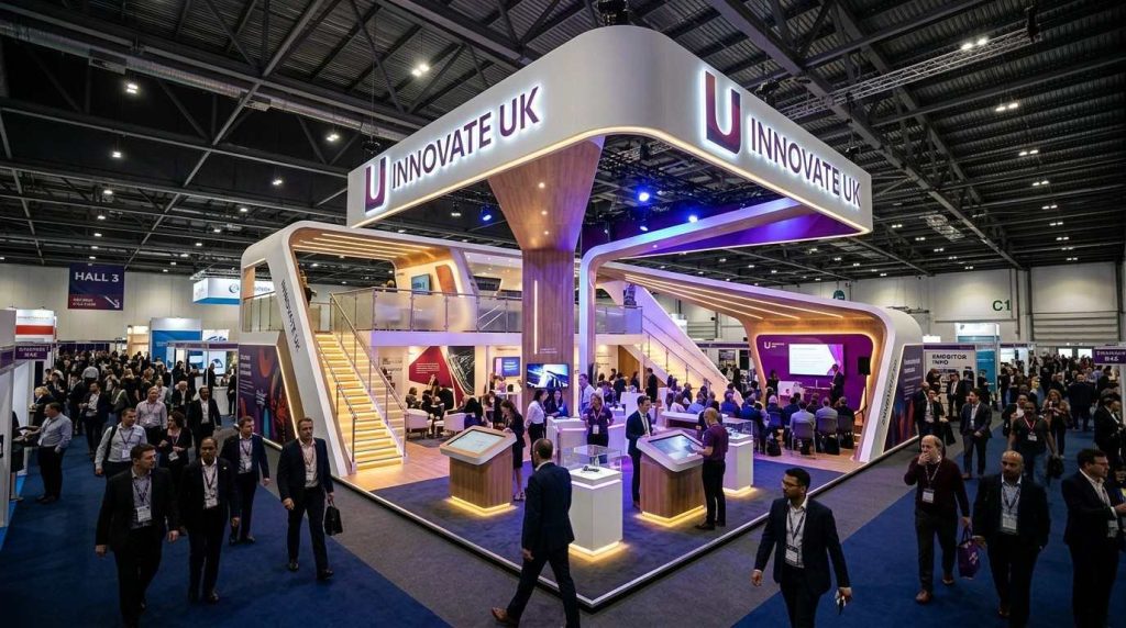 Bespoke Exhibition Stand Design: Custom Stands, Layouts & Build Guide for UK Exhibitors 1 The image captures a wide-angle view of a bustling UK exhibition hall, showcasing a large branded exhibition stand with dramatic lighting and impressive architectural features. Surrounding it are visitors engaging with the stand and neighboring shell scheme booths, highlighting the vibrant atmosphere of the trade show.