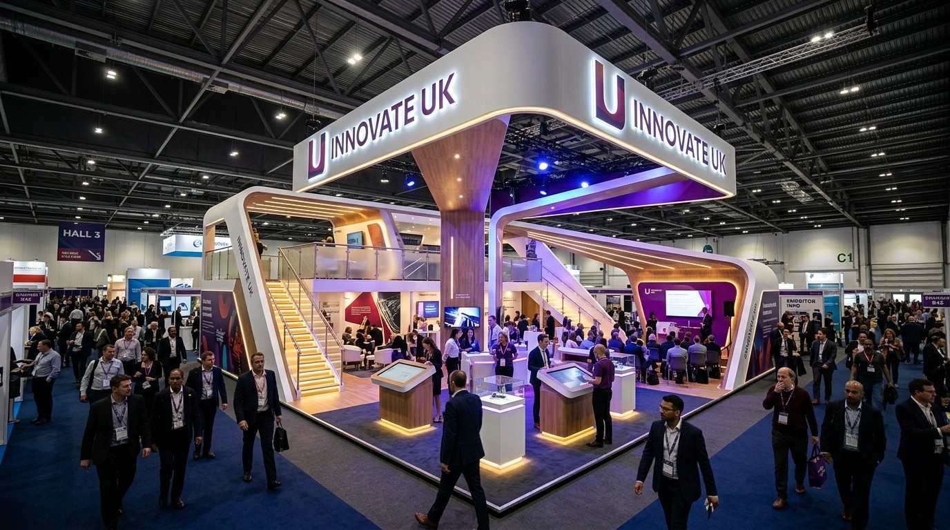 The image captures a wide-angle view of a bustling UK exhibition hall, showcasing a large branded exhibition stand with dramatic lighting and impressive architectural features. Surrounding it are visitors engaging with the stand and neighboring shell scheme booths, highlighting the vibrant atmosphere of the trade show.
