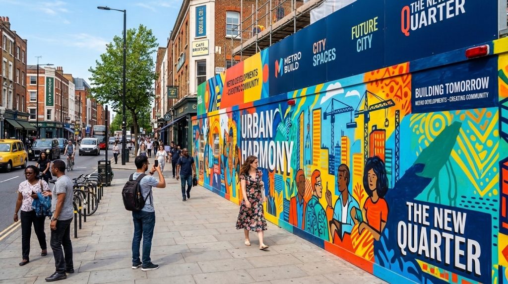 Construction Hoarding Branding Ideas | 15 Creative Ways to Promote Your Project 2 A vibrant city street features colourful construction hoarding adorned with branding elements, capturing the attention of pedestrians on a sunny day. The image shows the impact of construction hoarding branding ideas.