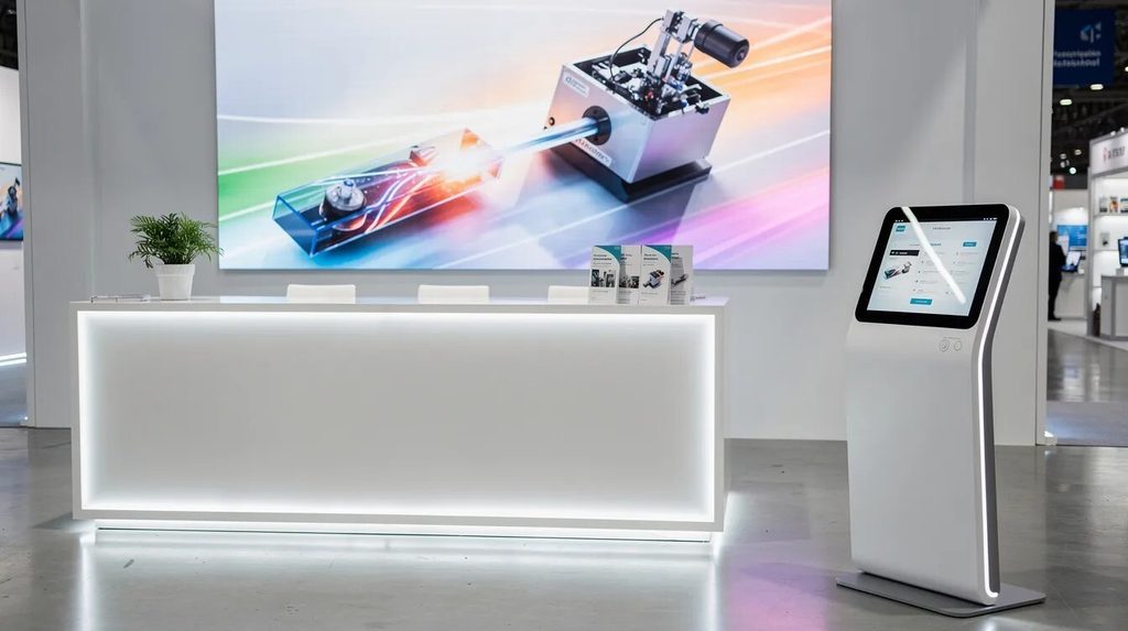 The image shows a modern exhibition stand reception area, featuring an illuminated desk and a large wall-mounted LED screen displaying product imagery. A freestanding interactive touchscreen kiosk is also visible, highlighting the bespoke exhibition stand design aimed at attracting visitors and enhancing brand identity.