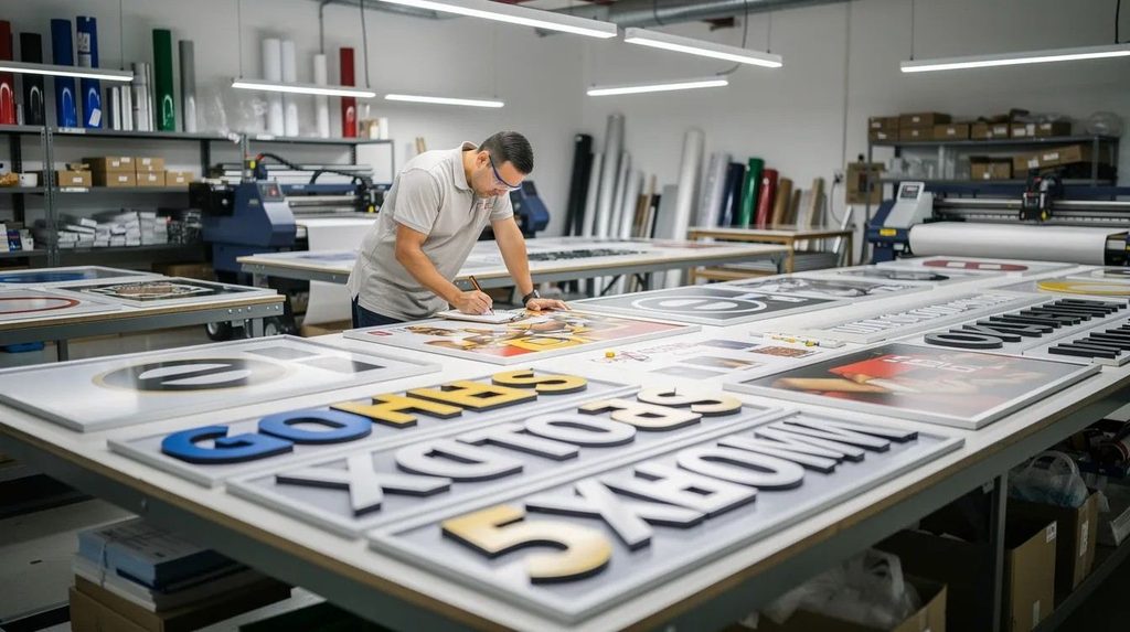 The image captures a behind-the-scenes view of a signage workshop, featuring large-format graphic panels, lightbox frames, and three-dimensional lettering neatly arranged on worktables, all prepared for quality inspection. This setup highlights the meticulous process involved in bespoke exhibition stand design, showcasing the expertise of exhibition stand builders and designers.