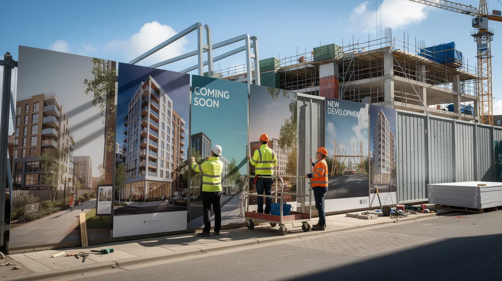 Construction Hoarding Branding Ideas | 15 Creative Ways to Promote Your Project 2 Construction Hoarding Branding Ideas showing construction workers installing large branded hoarding panels at a construction site.