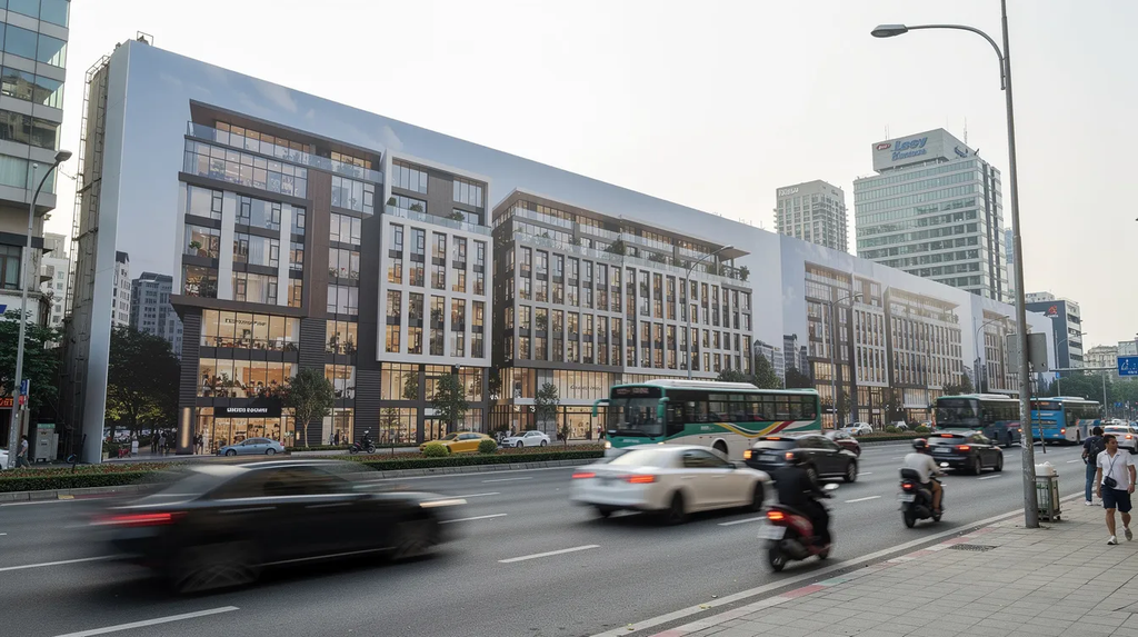 Construction Hoarding Branding Ideas | 15 Creative Ways to Promote Your Project 1 Construction Hoarding Branding Ideas featuring a photorealistic building render displayed on construction hoardings along a busy urban road.